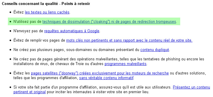 Les Guidelines de Google : il y a 6 ans, le « n’utilisez pas » de la phrase surlignée était autrefois un « évitez »