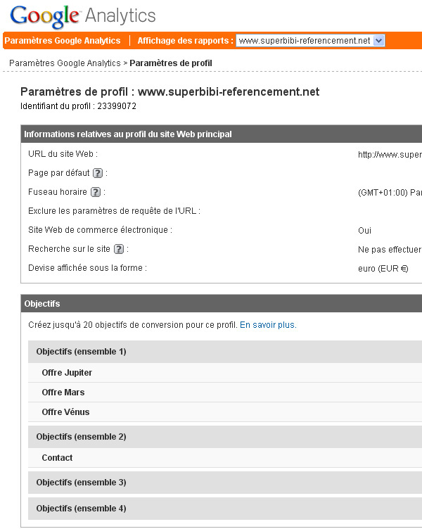 La fenêtre de personnalisation des buts et objectifs de Google Analytics