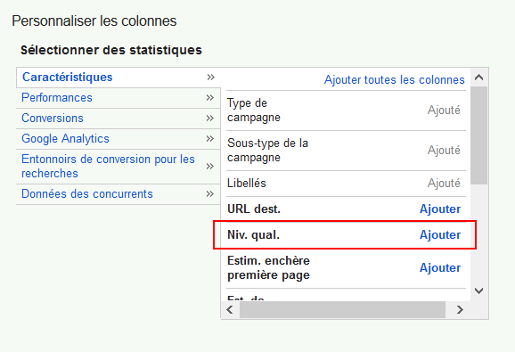 Note de qualité Google dans Adwords