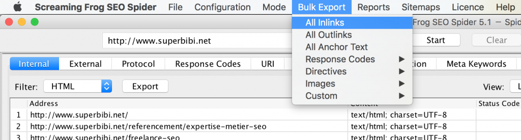Export Screaming Frog